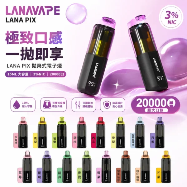 ChatGPT_Image_2026_7_14_13_19_53 LANA PIX 閃光彈 20000口 拋棄式電子煙|Mesh網芯爆汁霧化體驗|摺疊吸嘴設計打造便攜潮流新玩法