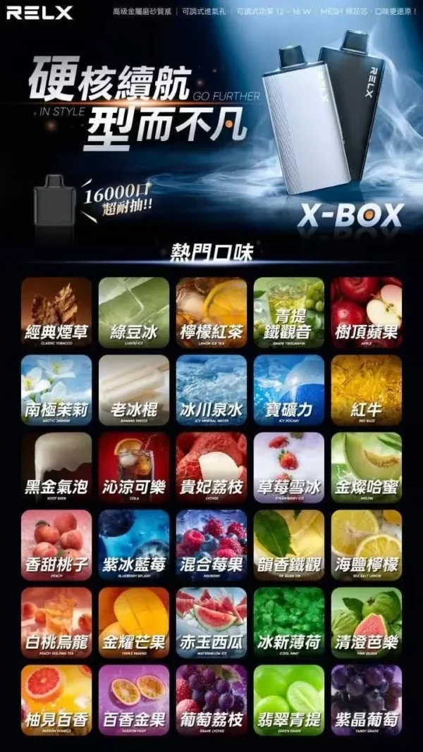 RELX-悅刻-X-BOX-16000口拋棄式電子煙-風味圖 RELX 悅刻 X-BOX 16000口 專用換彈拋棄式電子煙套裝|智慧功率調節體驗|Mesh網狀芯打造細膩霧化表現